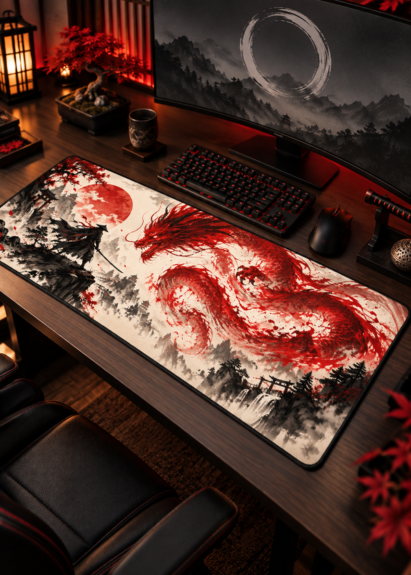 Crimson Dragon — Japanese Ink Gaming Mouse Pad | 80×33 CM