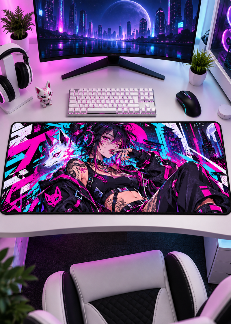 Neon Kitsune XL — Cyberpunk Anime Gaming Mouse Pad