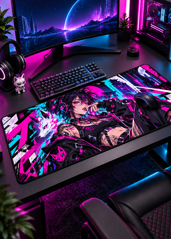 Neon Kitsune XL — Cyberpunk Anime Gaming Mouse Pad