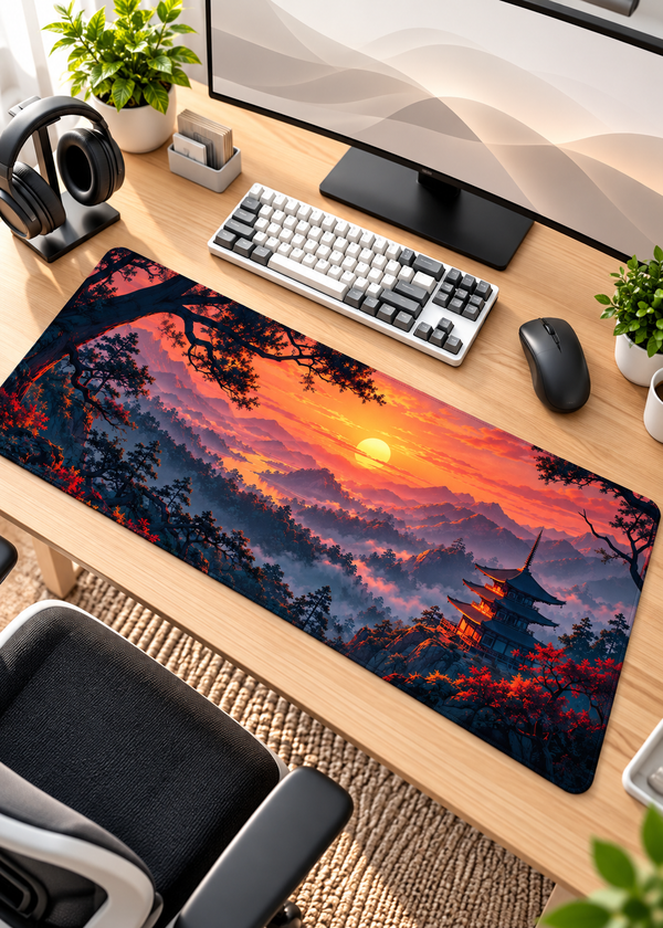 Sunset Mountain Pagoda Gaming Mouse Pad – 80 × 33 cm